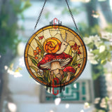 Autumn Animals Stained Glass Suncatcher, Round Raccoon and Bear by Campfire Window Hanging, Cozy Fall Nature Home Decor Gift