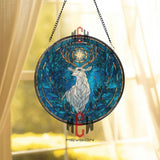 Llama Stained Glass Suncatcher, Round Colorful Alpaca with Sun and Mountain Window Hanging, Boho Nature Art Home Decor Gift