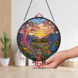 Celestial Deer Stained Glass Suncatcher, Round Stag with Starry Sky and Golden Antlers Window Hanging, Mystic Nature Home Decor Gift