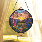 Celestial Deer Stained Glass Suncatcher, Round Stag with Starry Sky and Golden Antlers Window Hanging, Mystic Nature Home Decor Gift