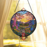 Celestial Deer Stained Glass Suncatcher, Round Stag with Starry Sky and Golden Antlers Window Hanging, Mystic Nature Home Decor Gift