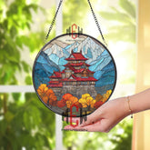 Garden Arch Stained Glass Suncatcher, Round Rose Flower Window Hanging with Scenic Landscape View, Romantic Nature Home Decor Gift