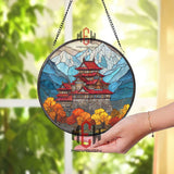 Garden Arch Stained Glass Suncatcher, Round Rose Flower Window Hanging with Scenic Landscape View, Romantic Nature Home Decor Gift