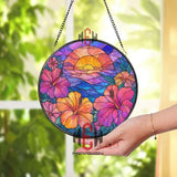 Japanese Castle Stained Glass Suncatcher, Round Mountain Temple Window Hanging with Autumn Trees, Asian Landscape Home Decor Gift