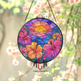 Japanese Castle Stained Glass Suncatcher, Round Mountain Temple Window Hanging with Autumn Trees, Asian Landscape Home Decor Gift