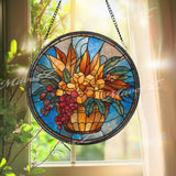 Autumn Harvest Stained Glass Suncatcher, Round Basket with Golden Leaves and Grapes Window Panel, Fall Floral Glass Art Decor