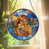 Harvest Cornucopia Stained Glass Suncatcher, Round Fall Basket Window Panel with Grapes and Leaves, Autumn Thanksgiving Decor