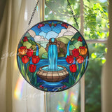 Water Fountain Stained Glass Suncatcher, Round Garden Window Panel with Red Tulips and Blue Stream, Nature Landscape Home Decor