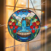 Water Fountain Stained Glass Suncatcher, Round Garden Window Panel with Red Tulips and Blue Stream, Nature Landscape Home Decor