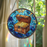 Treasure Chest Stained Glass Suncatcher, Round Ocean Blue Window Panel with Gold Coins, Nautical Pirate Theme Home Decor Gift