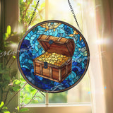 Treasure Chest Stained Glass Suncatcher, Round Ocean Blue Window Panel with Gold Coins, Nautical Pirate Theme Home Decor Gift