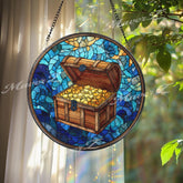 Treasure Chest Stained Glass Suncatcher, Round Ocean Blue Window Panel with Gold Coins, Nautical Pirate Theme Home Decor Gift