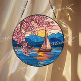 Sailboat Sunset Stained Glass Suncatcher, Round Lake Window Panel with Pink Cherry Blossoms, Ocean Horizon Art Home Decor
