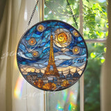 Eiffel Tower Stained Glass Suncatcher, Round Paris Skyline Window Panel with Starry Night Sky, Travel Cityscape Home Decor