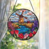 Windmill Field Stained Glass Suncatcher, Round Countryside Window Panel with River and Tulips, Dutch Farm Landscape Home Decor