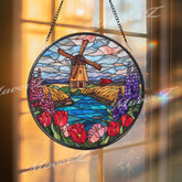 Windmill Field Stained Glass Suncatcher, Round Countryside Window Panel with River and Tulips, Dutch Farm Landscape Home Decor