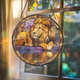Majestic Lion Stained Glass Suncatcher, Round Safari King Window Panel with Golden Mane and Reflection, Wildlife Art Decor