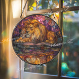 Lion Reflection Stained Glass Suncatcher, Round Safari King Window Panel with Golden Mane and Water Mirror, Wildlife Art Decor