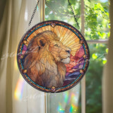 Lion Majesty Stained Glass Suncatcher, Round Golden Mane Window Panel with Sunrise Rays, Regal Wildlife Art Home Decor