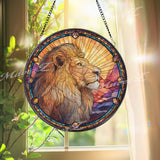 Lion Majesty Stained Glass Suncatcher, Round Golden Mane Window Panel with Sunrise Rays, Regal Wildlife Art Home Decor