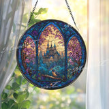 Enchanted Castle Stained Glass Suncatcher, Round Gothic Window Panel with Bird and Blossoms, Fantasy Fairytale Home Decor