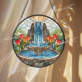 Garden Fountain Stained Glass Suncatcher, Round Waterfall Window Panel with Red Tulips, Nature Landscape Home Decor Gift