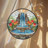 Garden Fountain Stained Glass Suncatcher, Round Waterfall Window Panel with Red Tulips, Nature Landscape Home Decor Gift