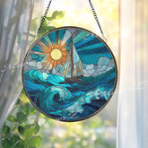 Sailboat Ocean Stained Glass Suncatcher, Round Sea Waves Window Panel with Sun and Clouds, Nautical Coastal Home Decor