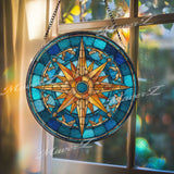 Nautical Compass Stained Glass Suncatcher, Round Blue and Gold Window Panel, Maritime Navigation Rose Home Decor Gift
