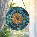 Nautical Compass Stained Glass Suncatcher, Round Blue and Gold Window Panel, Maritime Navigation Rose Home Decor Gift