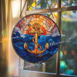 Anchor and Waves Stained Glass Suncatcher, Round Nautical Window Panel with Seagulls and Sunset, Coastal Ocean Home Decor