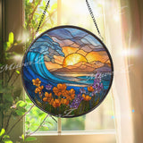 Sunset Wave Stained Glass Suncatcher, Round Ocean Window Panel with Flowers and Mountains, Coastal Nature Home Decor Gift