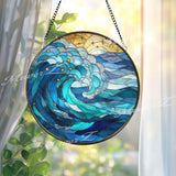 Ocean Wave Stained Glass Suncatcher, Round Blue Sea Window Panel with Stars and Gold Accents, Coastal Nautical Home Decor