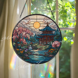 Japanese Temple Stained Glass Suncatcher, Round Zen Garden Window Panel with Cherry Blossoms and Sunset, Tranquil Home Decor