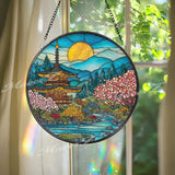 Pagoda Garden Stained Glass Suncatcher, Round Japanese Temple Window Panel with Cherry Blossoms and River, Zen Home Decor