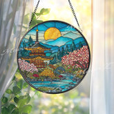 Pagoda Garden Stained Glass Suncatcher, Round Japanese Temple Window Panel with Cherry Blossoms and River, Zen Home Decor