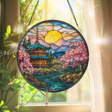 Japanese Pagoda Stained Glass Suncatcher, Round Temple Window Panel with Cherry Blossoms and River, Zen Nature Home Decor