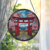 Torii Gate Stained Glass Suncatcher, Round Japanese Window Panel with Cherry Blossoms and Mount Fuji, Zen Nature Home Decor