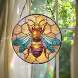 Bee Stained Glass Suncatcher, Honeycomb Window Decor, Colorful Bee Sun Catcher, Nature Lover Gift, Garden Window Hanging Art