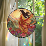 Goddess Stained Glass Suncatcher, Sunrise Woman Window Art, Floral Mountain Sun Catcher, Spiritual Gift, Boho Window Decor