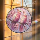 Pink Cockatoo Stained Glass Suncatcher, Parrot Window Hanging, Floral Bird Sun Catcher, Nature Art Glass Decor, Garden Lover Gift