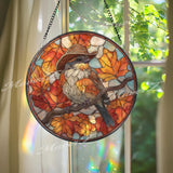 Autumn Bird Stained Glass Suncatcher, Fall Leaves Window Art, Cowboy Hat Sun Catcher, Rustic Glass Decor, Woodland Nature Gift