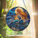 Mermaid Stained Glass Suncatcher, Ocean Moon Window Art, Fantasy Sea Sun Catcher, Nautical Glass Decor, Gift for Mermaid Lover