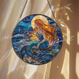 Mermaid Stained Glass Suncatcher, Ocean Moon Window Art, Fantasy Sea Sun Catcher, Nautical Glass Decor, Gift for Mermaid Lover