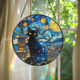 Black Cat Stained Glass Suncatcher, Starry Night Window Art, Celestial Sun Catcher, Gothic Glass Decor, Gift for Cat Lover, Moon Art