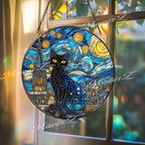 Black Cat Stained Glass Suncatcher, Starry Night Window Art, Celestial Sun Catcher, Gothic Glass Decor, Gift for Cat Lover, Moon Art