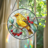 Yellow Bird Stained Glass Suncatcher, Songbird Window Art, Nature Sun Catcher, Floral Glass Decor, Handmade Gift for Bird Lovers