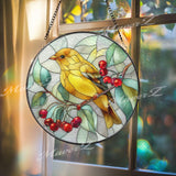 Yellow Bird Stained Glass Suncatcher, Songbird Window Art, Nature Sun Catcher, Floral Glass Decor, Handmade Gift for Bird Lovers