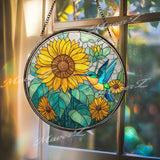 Hummingbird Stained Glass Suncatcher, Sunflower Window Art, Nature Sun Catcher, Garden Glass Decor, Colorful Bird Gift, Floral Home Art
