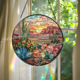 Desert Cactus Stained Glass Suncatcher, Sunset Landscape Window Art, Southwestern Sun Catcher, Nature Glass Decor, Boho Home Gift